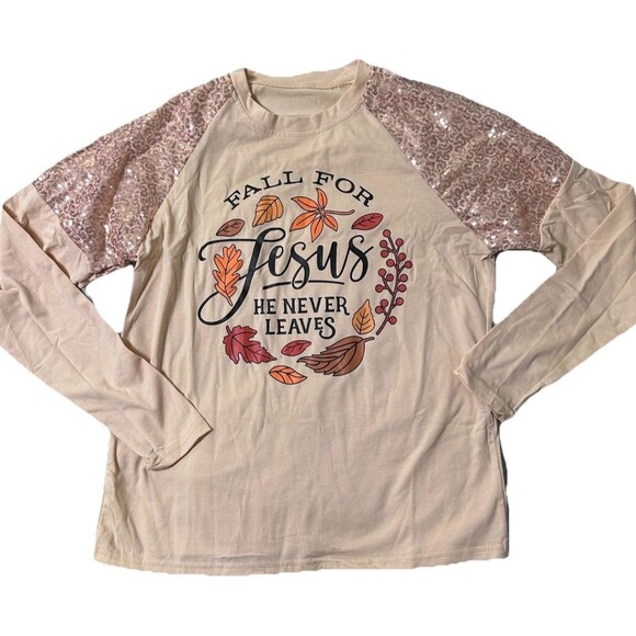 Fall For Jesus, He Never Leaves Long Sleeve Top Apricot With Sequins - Picture 1 of 4